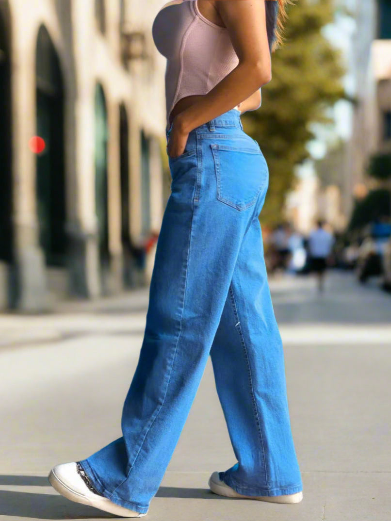 Azul Cielo Jeans Corte Recto Corte Recto Pantalon Azul Claro Mujer