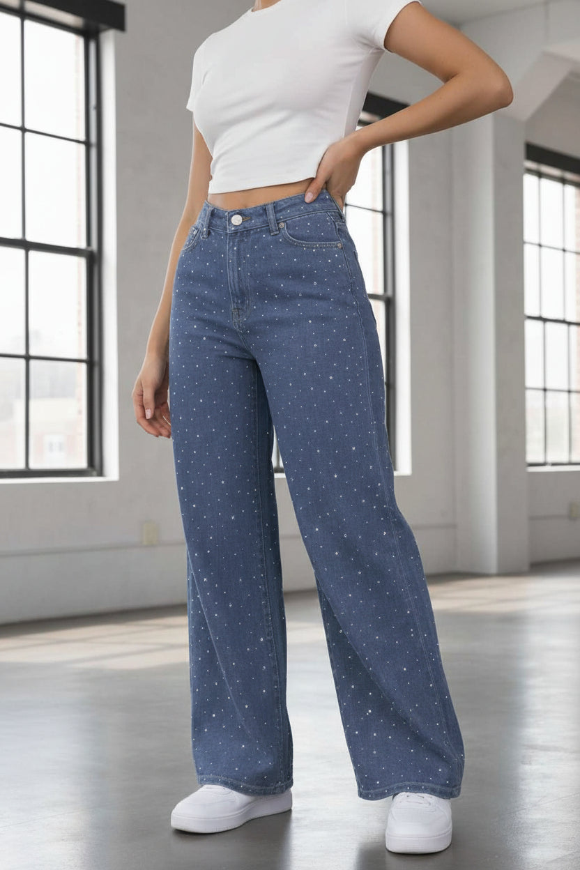 PDMX Jeans Starlight Indigo Baggy Jeans Stretch con cristales frontales