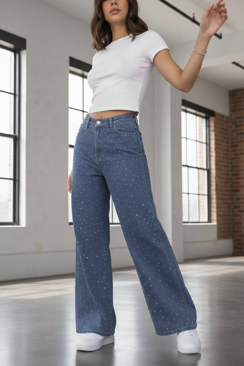 PDMX Jeans Starlight Indigo denim baggy con brillo frontal