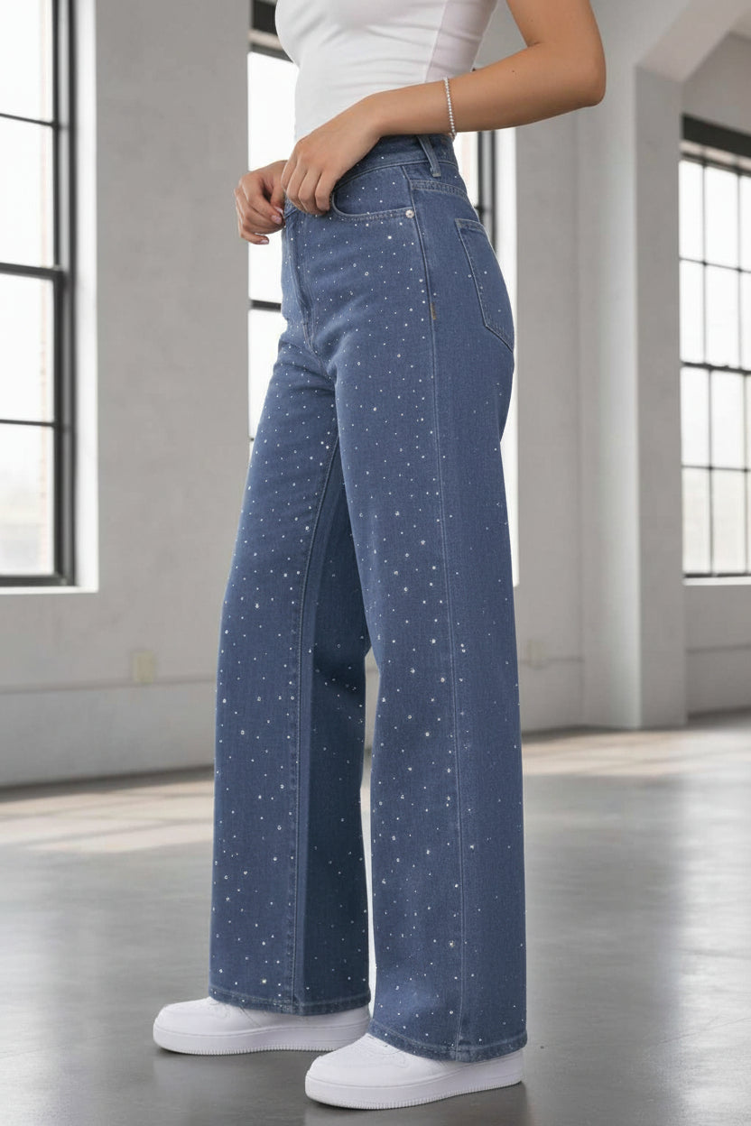 PDMX Jeans baggy jeans stretch azul indigo con pedreria