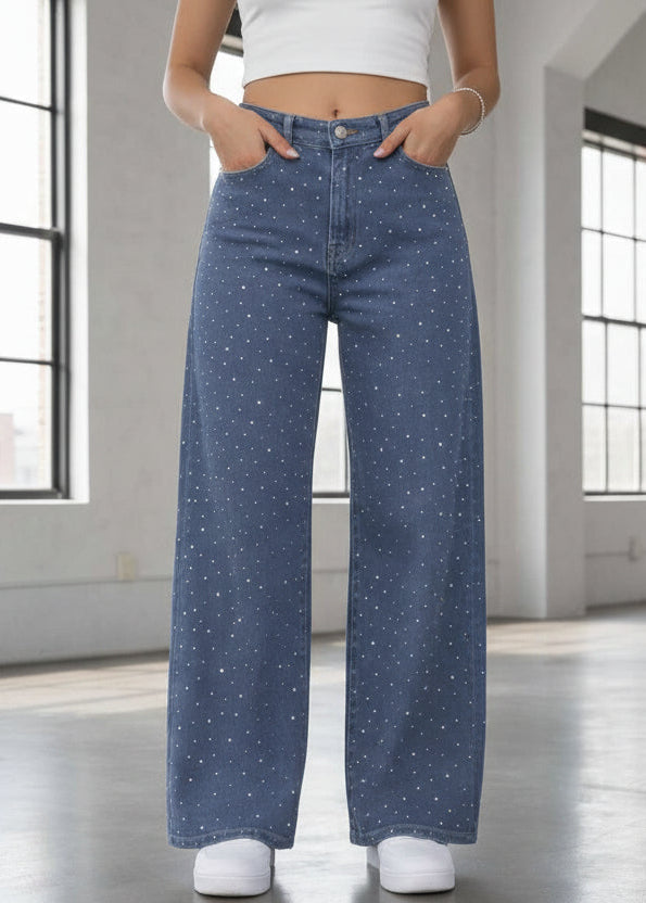 PDMX Jeans baggy stretch indigo con rhinestones al frente