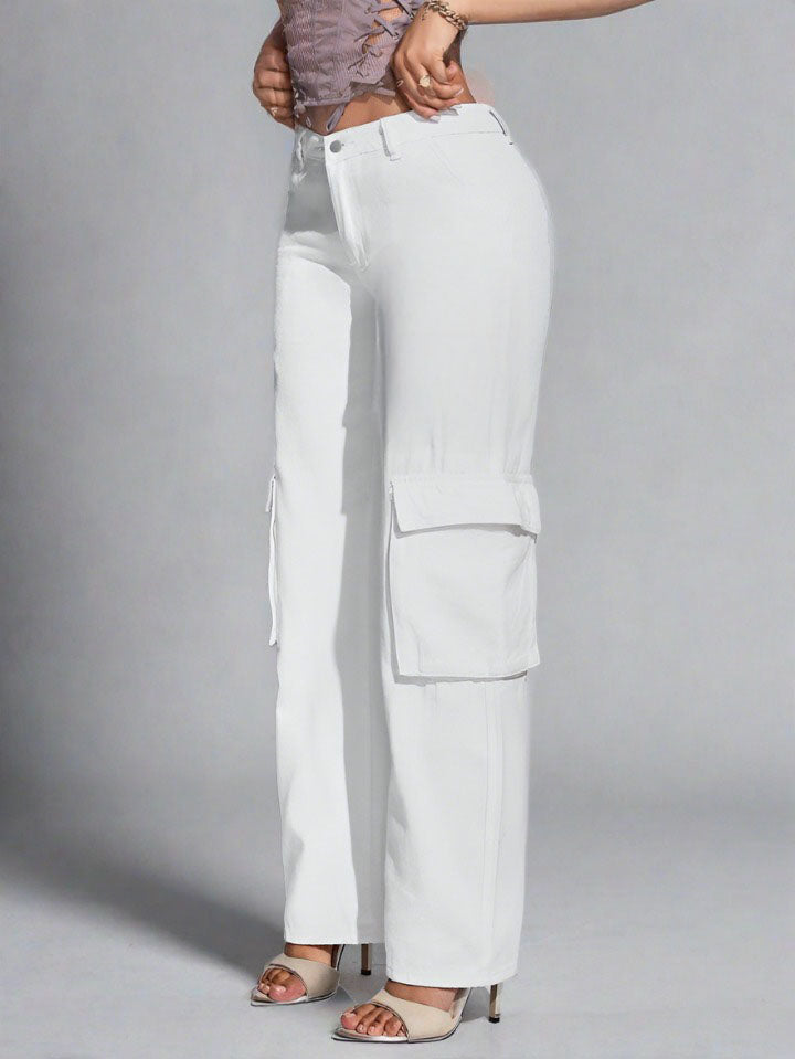 Jeans Cargo Color Blanco Mujer con Bolsillos