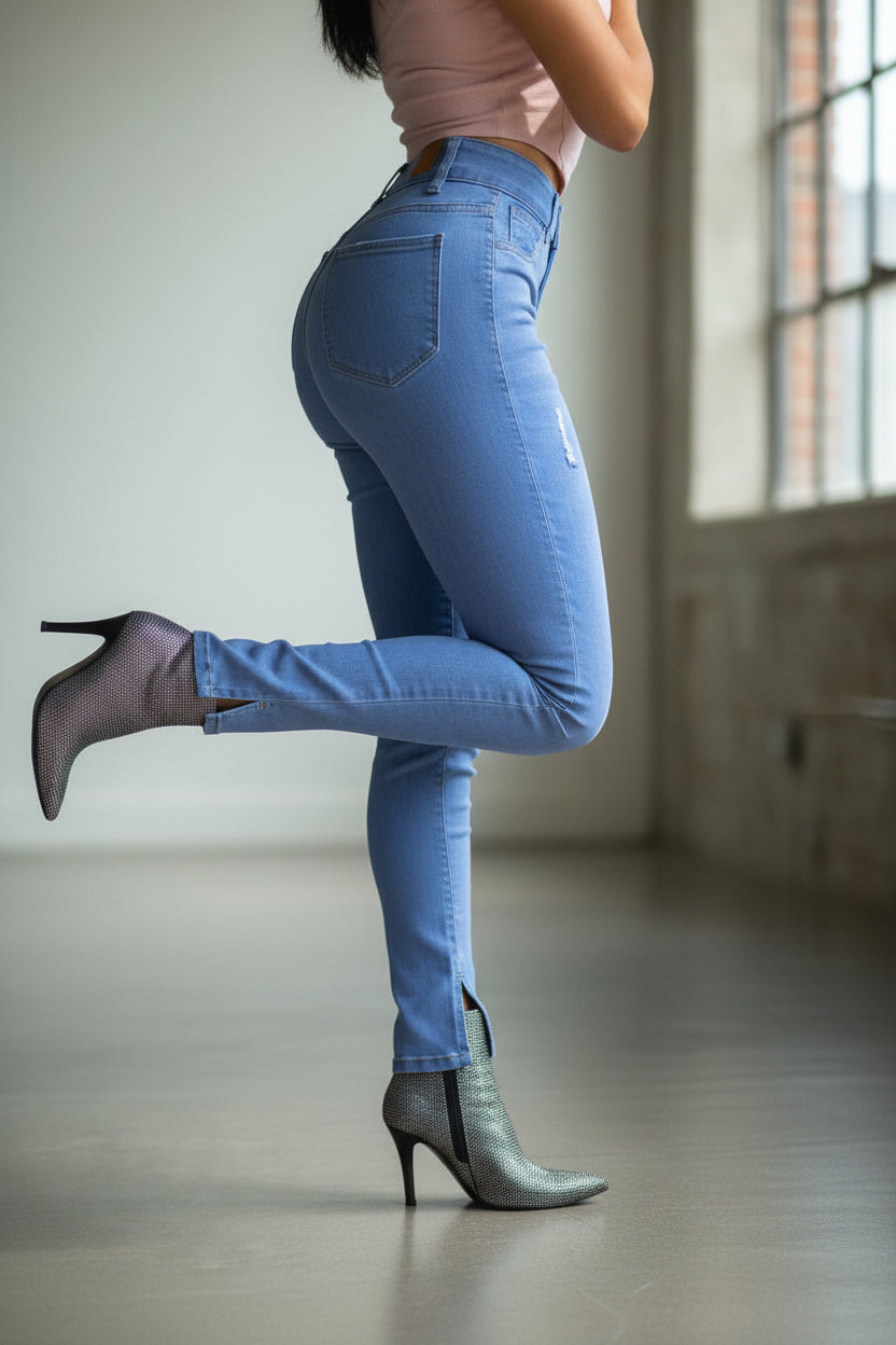 Jeans skinny azul cielo de mujer con 4 botones y efecto levanta glúteos