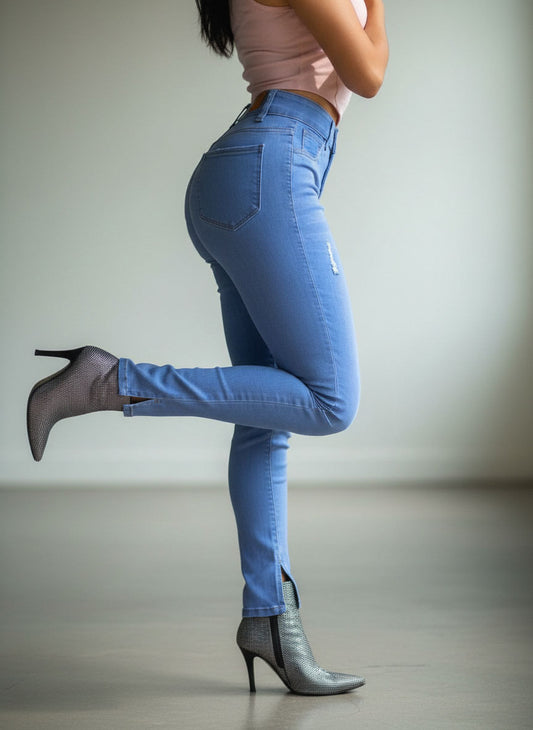 Jeans skinny azul cielo de mujer con 4 botones y efecto levanta glúteos