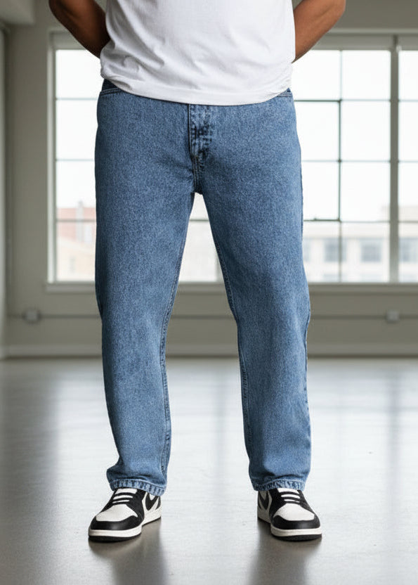 Baggy jeans para hombre en azul heritage claro con corte amplio y mezclilla rígida premium