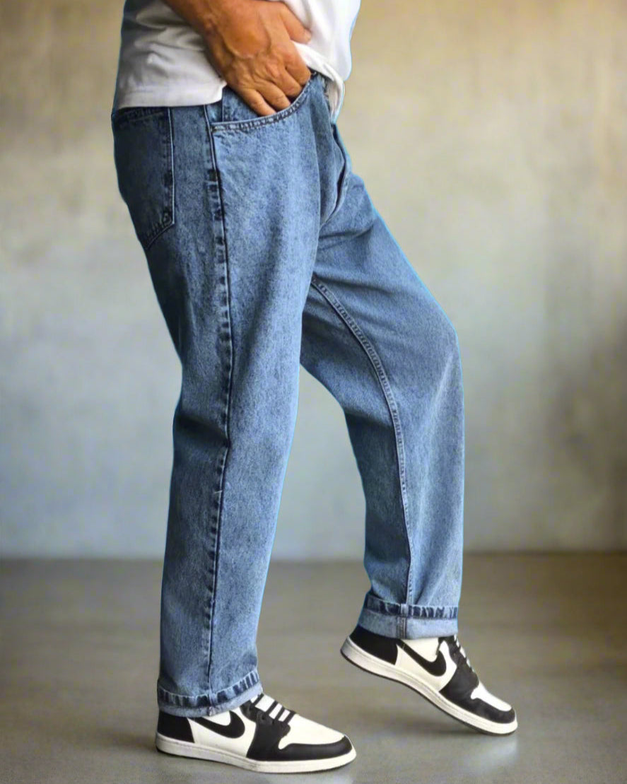 Jeans relajados de tiro alto para hombre en azul vintage claro