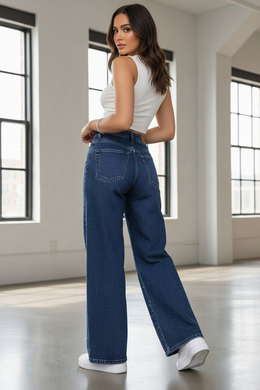 Pantalón estilo boyfriend azul con cristales PDMX mujer