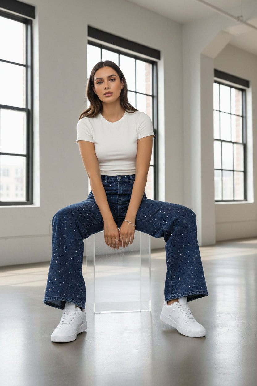 Denim azul midnight sapphire con cristales frontales mujer