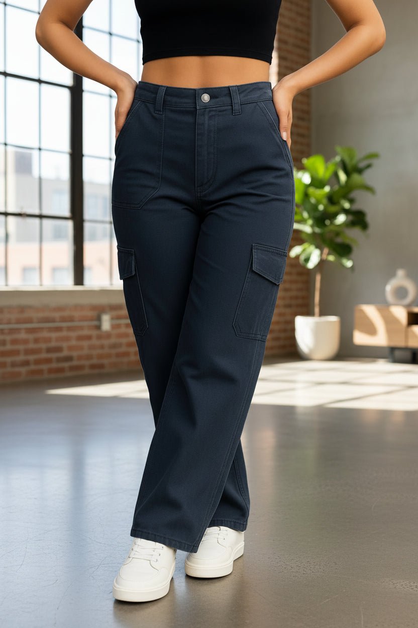 pantalones cargo mujer color azul intenso mezclilla