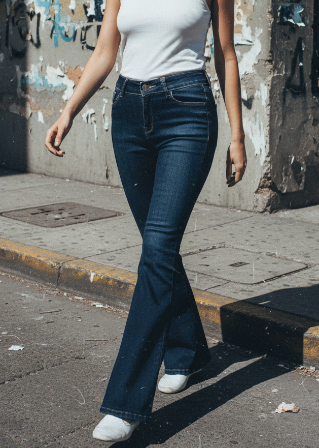 Mujer Jeans Acampanados Cintura Azul Marino Marca PDMX