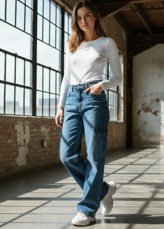 Jeans Boyfriend Cargo Azul Oscuro para Mujer Stretch PDMX Jeans