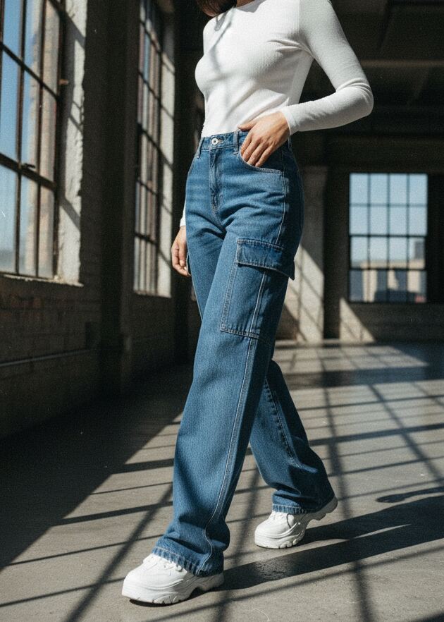 Jeans Boyfriend Cargo Azul Oscuro para Mujer Stretch