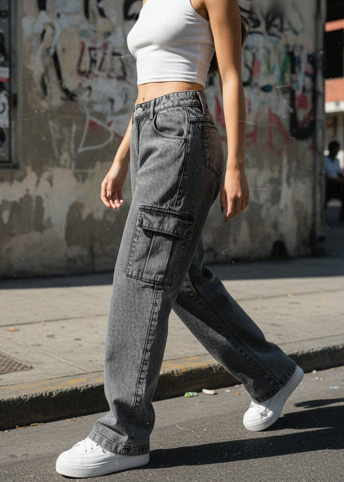 Jeans Cargo Rígidos para Mujer en Gris Deslavado