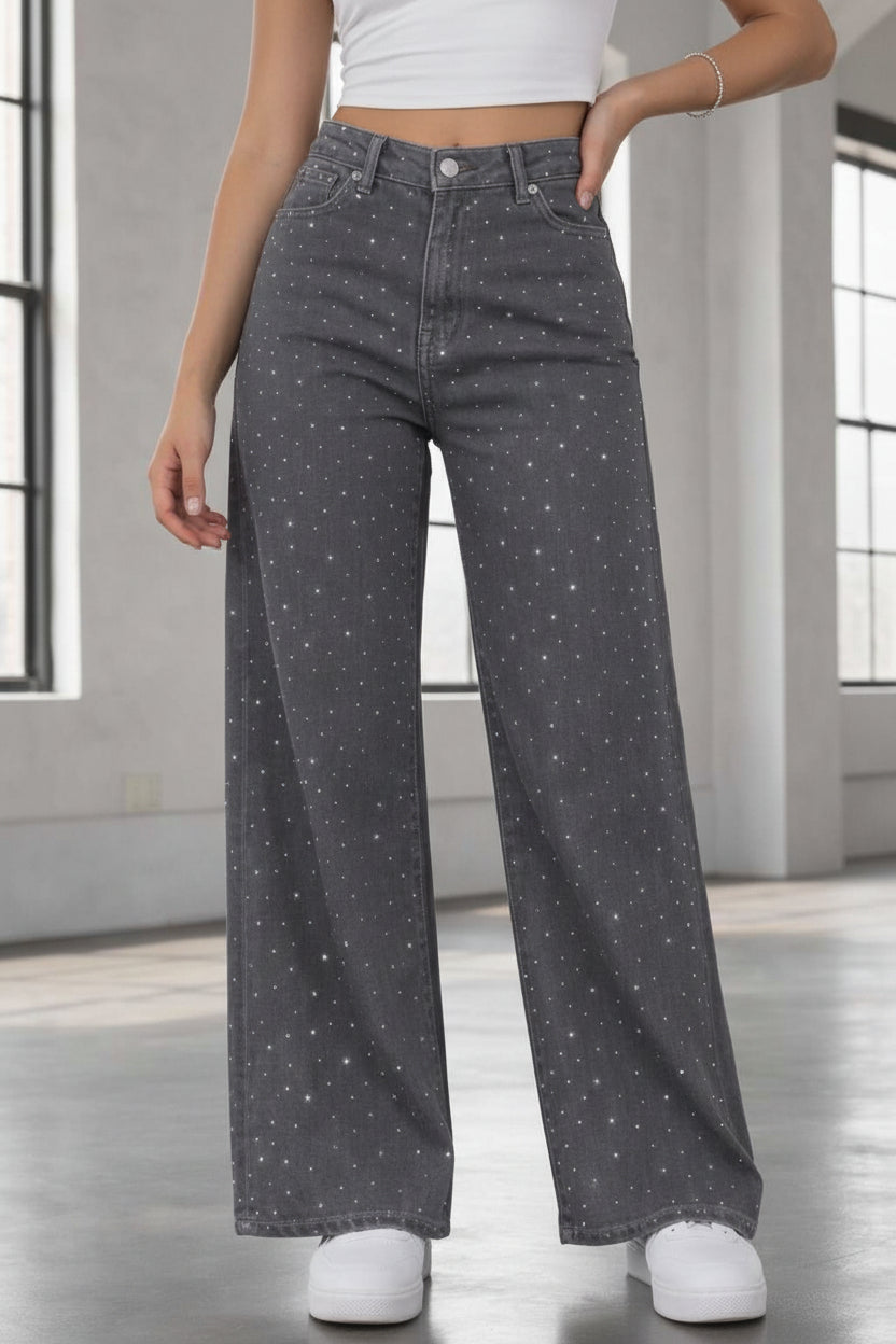 Graphite Crystal Luxe Baggy Jeans Stretch gris con cristales