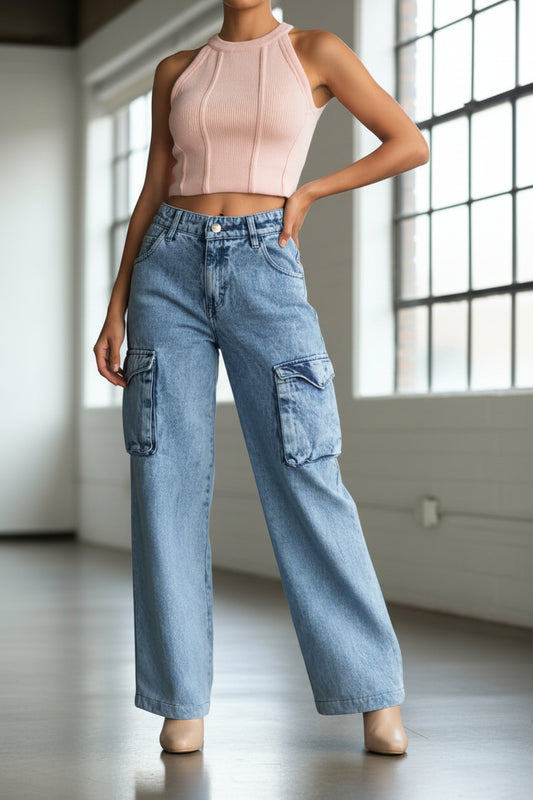 Pantalones de mezclilla PDMX corte baggy con estilo cargo