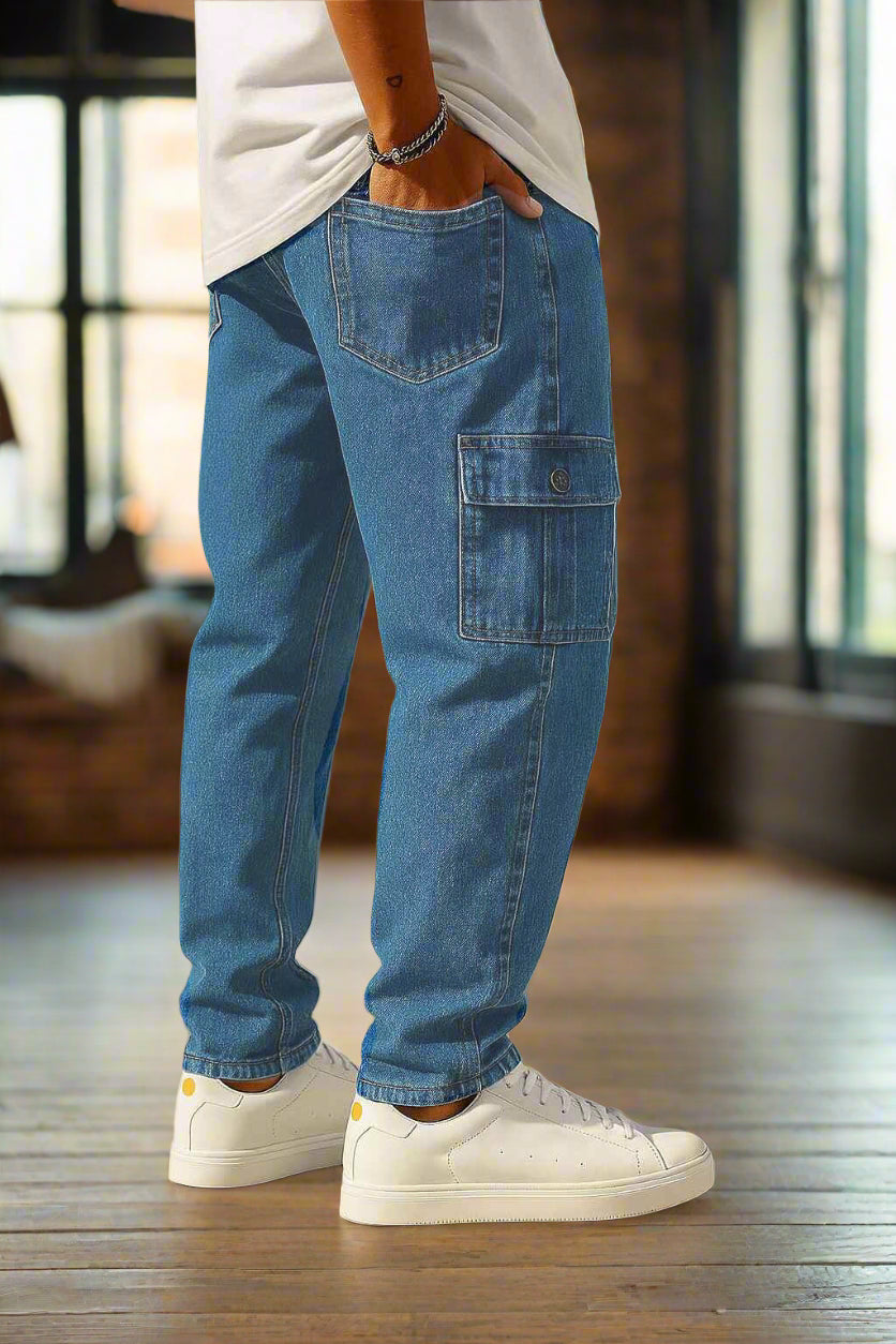 Jeans cargo azul medio PDMX Jeans hombre moda urbana premium