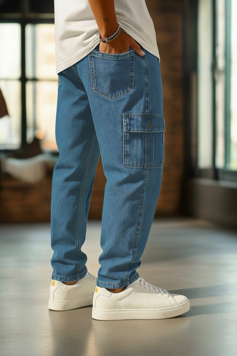 Jeans cargo azul medio estilo urbano de mezclilla rígida
