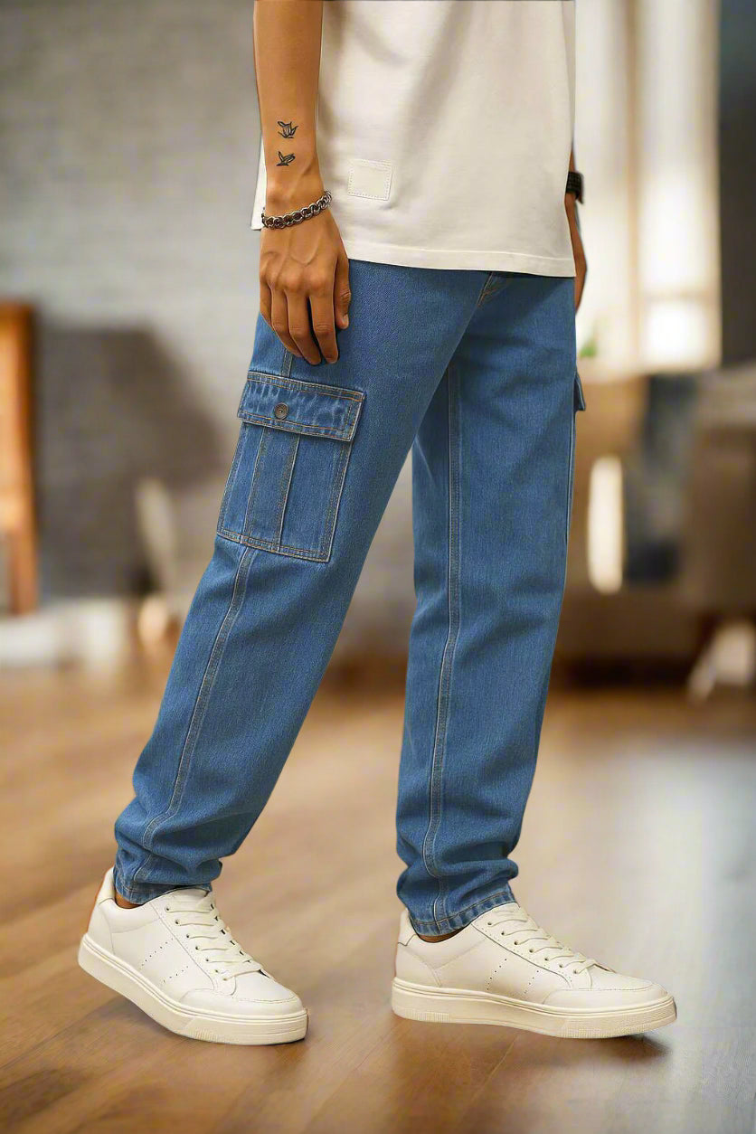 Cargo jeans PDMX Jeans azul medio de mezclilla premium para hombre