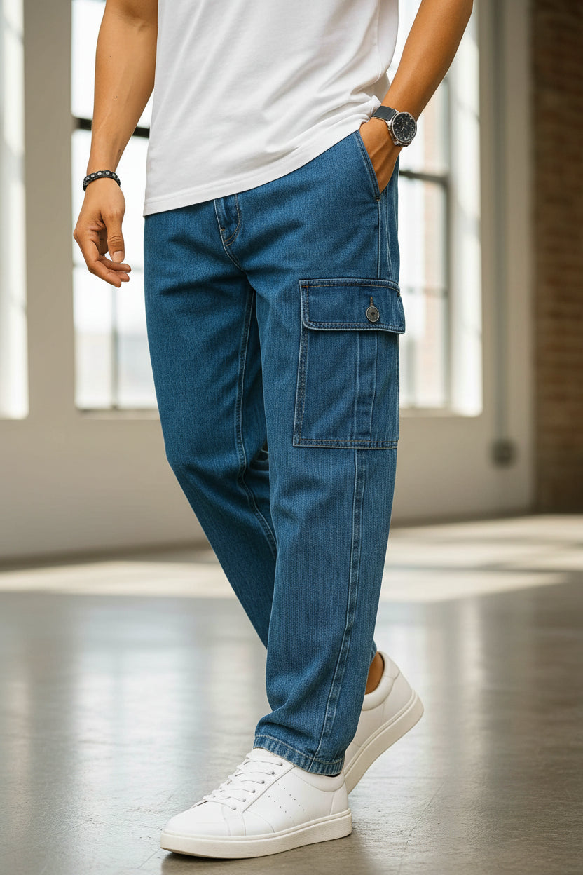 Pantalones cargo azul medio regulares para hombre hechos en México