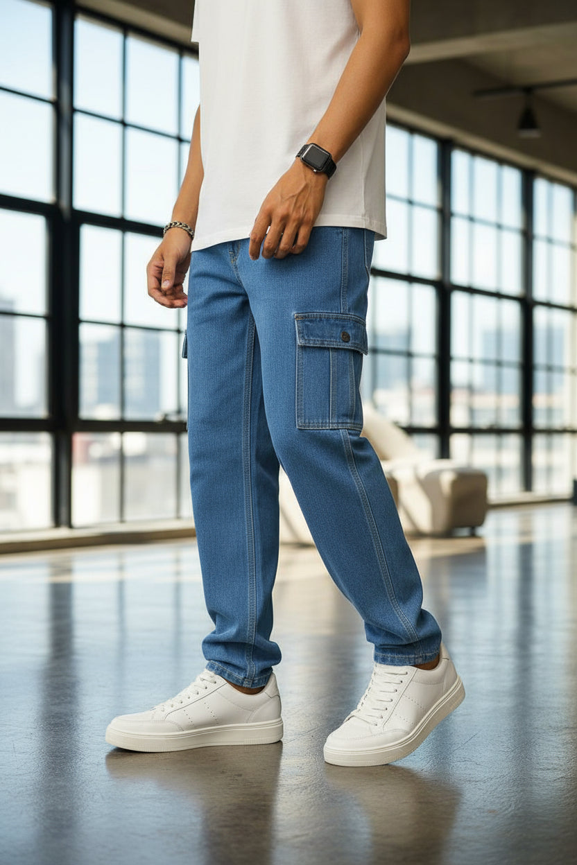 Pantalones cargo azules para hombre con bolsas laterales