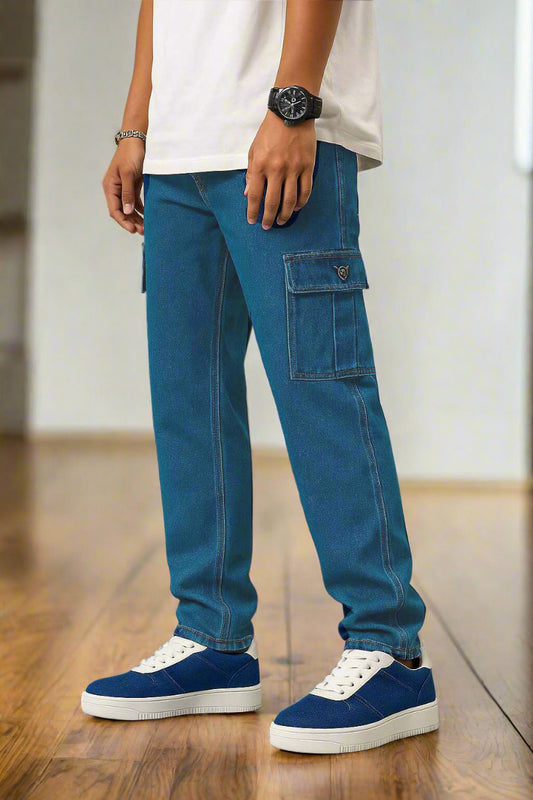 PDMX Jeans pantalones cargo para hombre mezclilla azul medio regular