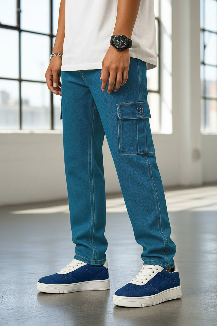 Jeans cargo regulares color azul medio moda mexicana