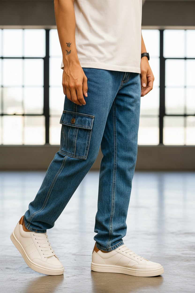 Pantalones cargo azules para hombre con bolsas laterales