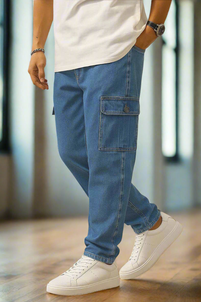 Pantalones cargo azul medio PDMX Jeans para hombre estilo regular premium