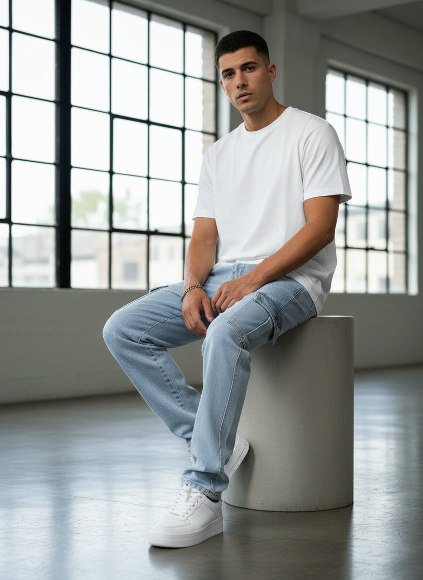 Jeans cargo azules cielo para hombre – estilo y comodidad