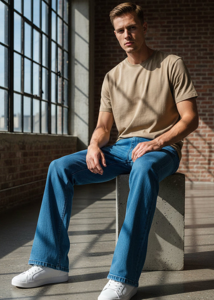 Moda Masculina Retro: Jeans de Campana Azul Cielo PDMX