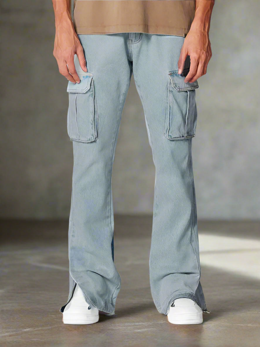 Jeans Grises PDMX de Corte Campana con Detalle Cargo para Estilo Único