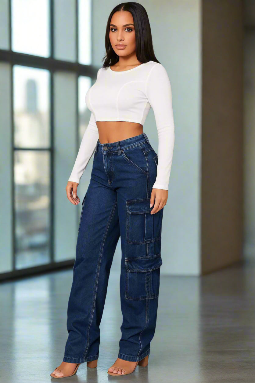 Pantalón Cargo Mujer Azul Oscuro con Bolsillos