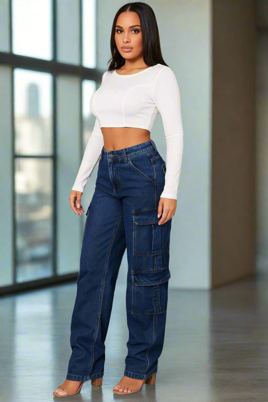 Pantalón Cargo Mujer Azul Oscuro con Bolsillos