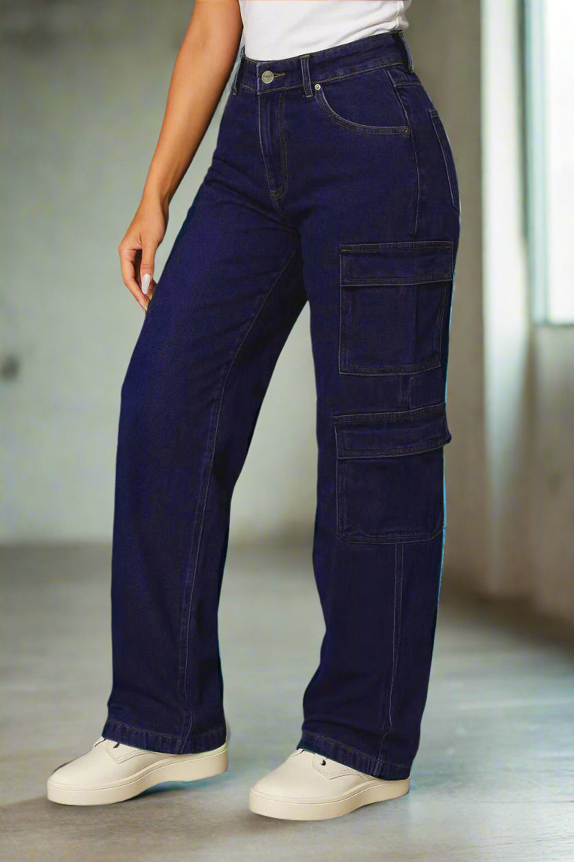 Pantalón Cargo Mujer Azul Oscuro con Bolsillos