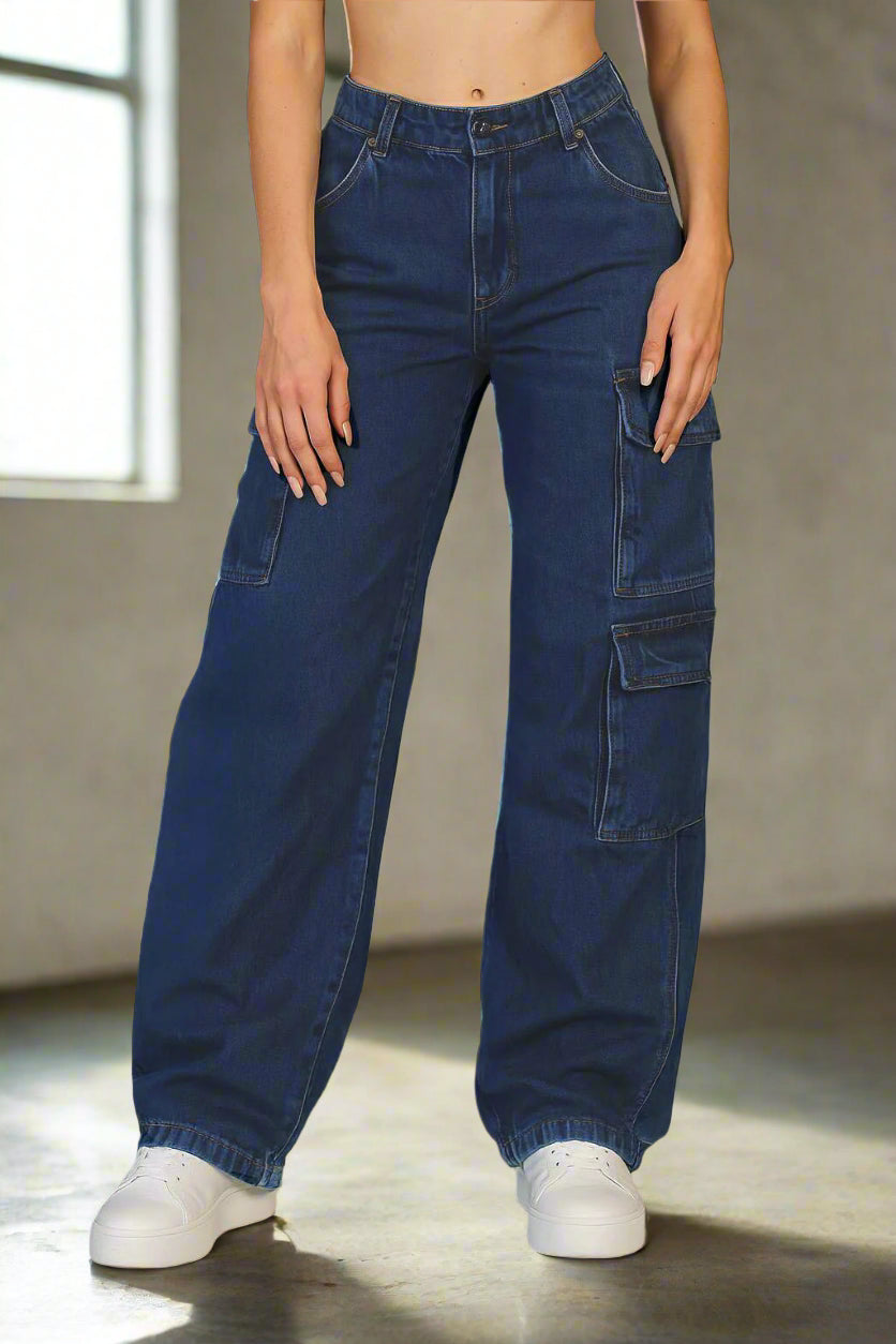 Jeans Cargo Mujer Azul Oscuro con Bolsillos