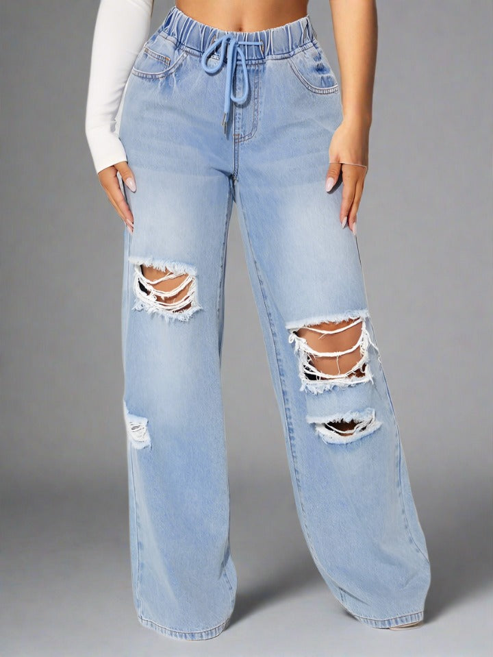 Baggy Jeans Desgastados Mujer Azul