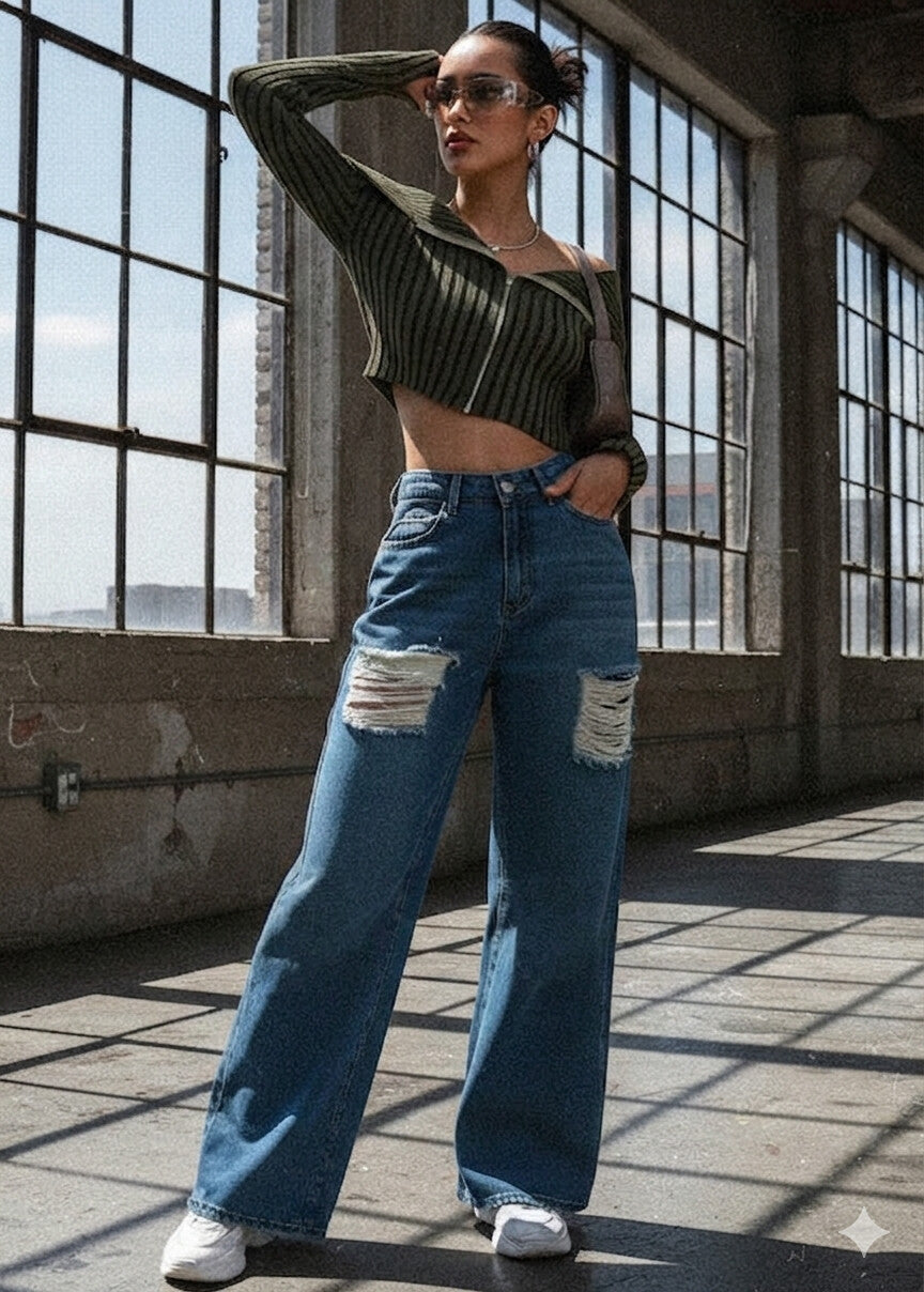 Baggy Jeans Rotos Azul Mujer Desgastados