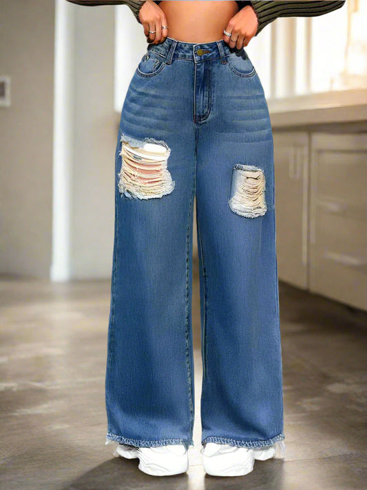 Jeans Baggy Rotos de Color Azul para Mujer