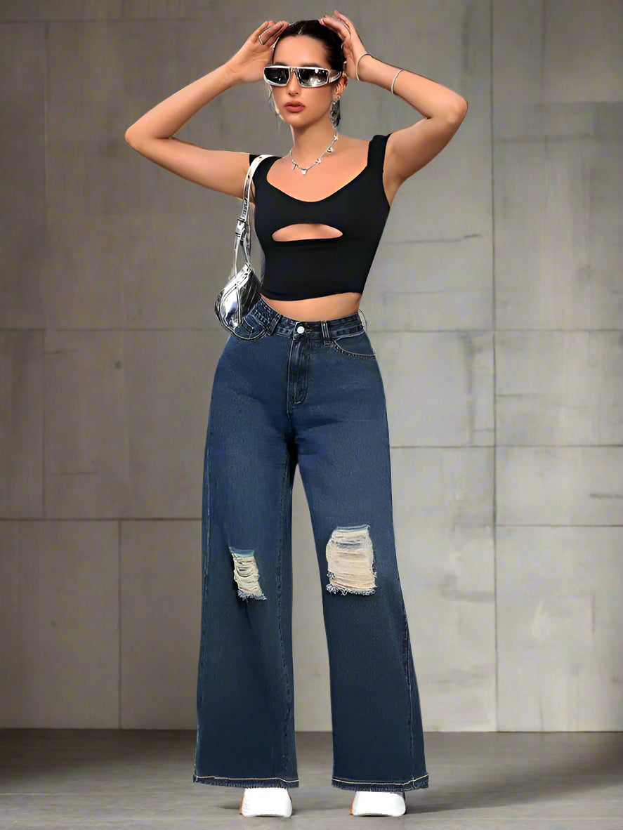Look urbano en Baggy Jeans Rotos Azul Oscuro para Mujer