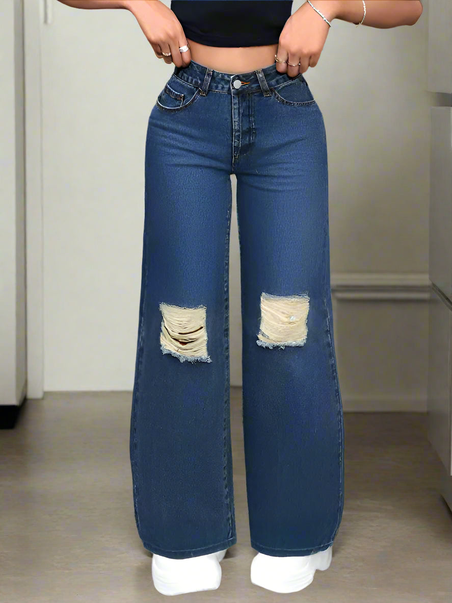Vista lateral de Boyfriend Jeans Azul Oscuro con detalles rotos