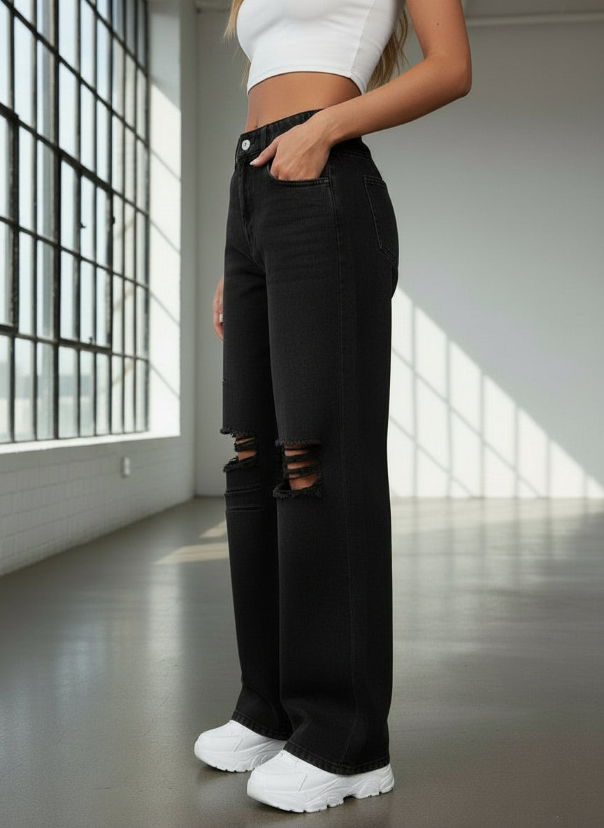 Jeans Baggy Negros Rotos para Mujer PDMX Jeans