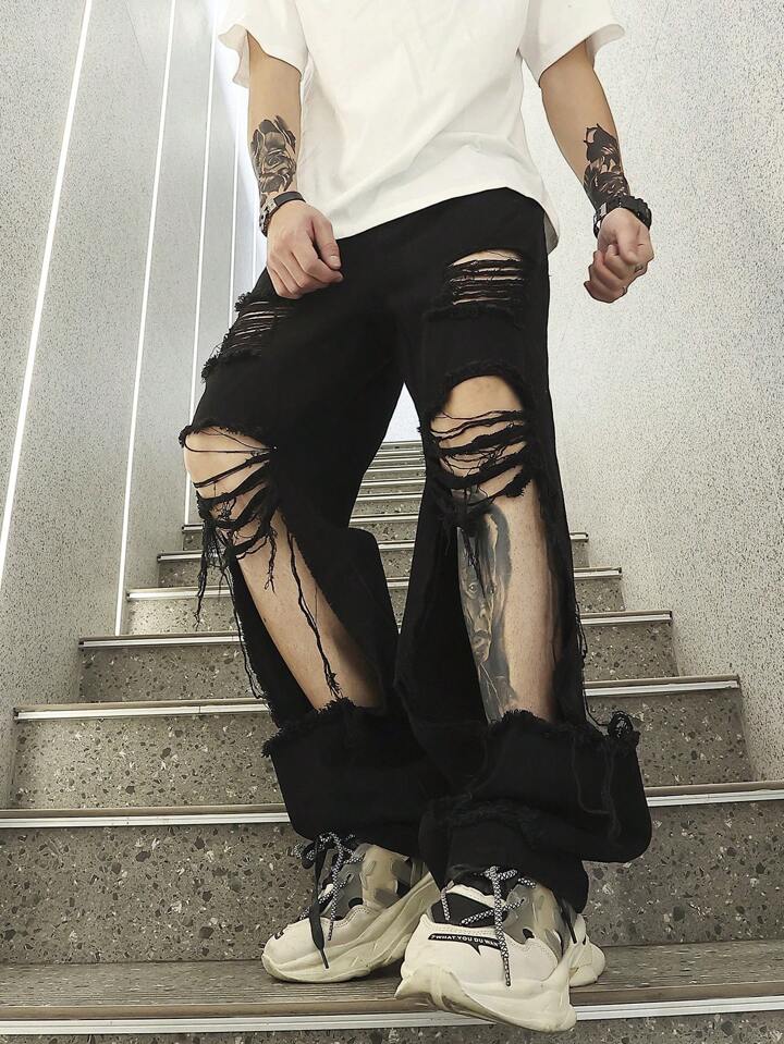 Pantalones Rotos De Hombre Color Negro Pantalones Vaqueros Rotos