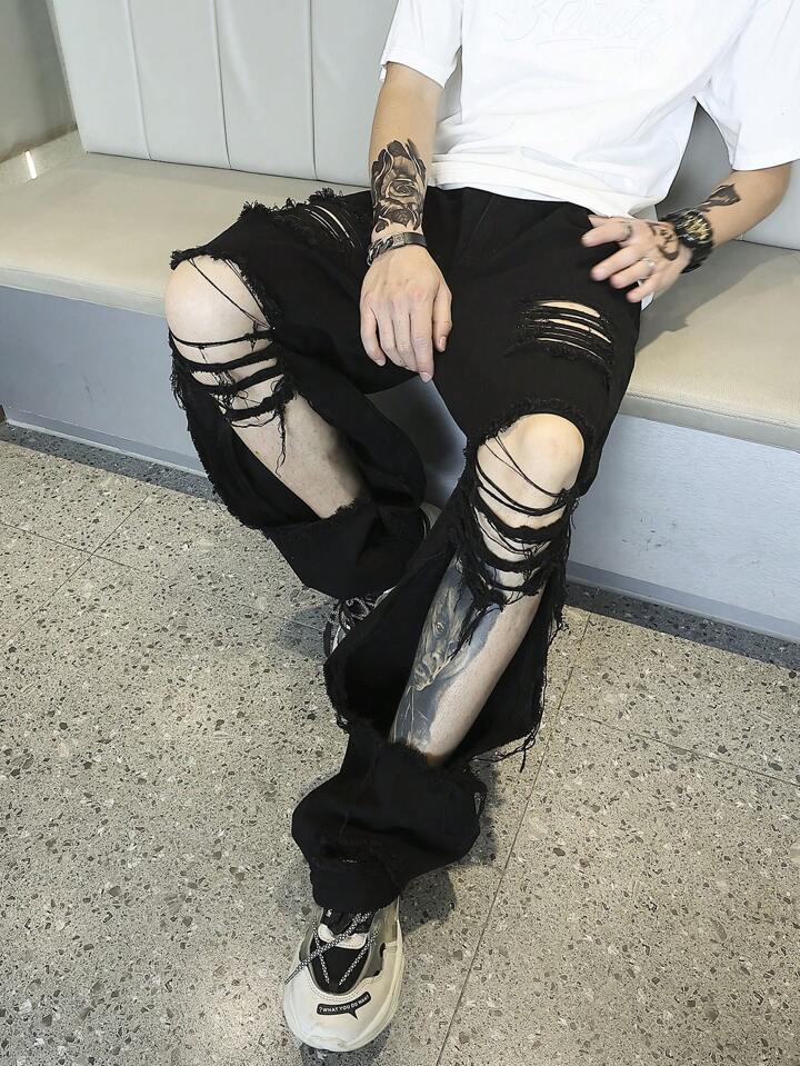 Pantalones Cargo Jeans Anchos Para Hombre Con Rotos Jeans Negros