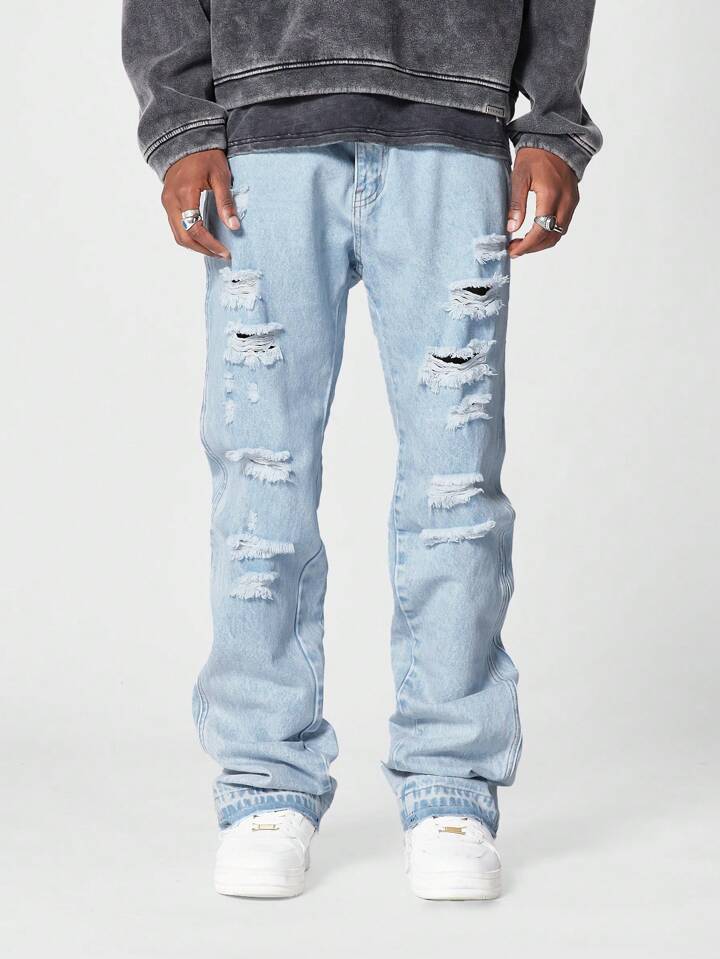 Jeans de Campana Azules Rotos PDMX con Estilo Retro para Hombre