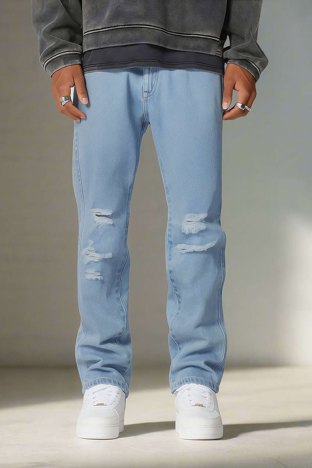 Jeans de Campana Azules Rotos PDMX con Estilo Retro para Hombre