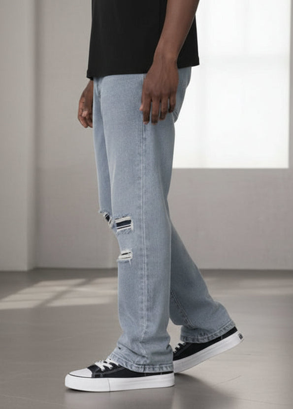 PDMX Jeans jeans grises rotos campana para hombre con mezclilla resistente y diseño moderno