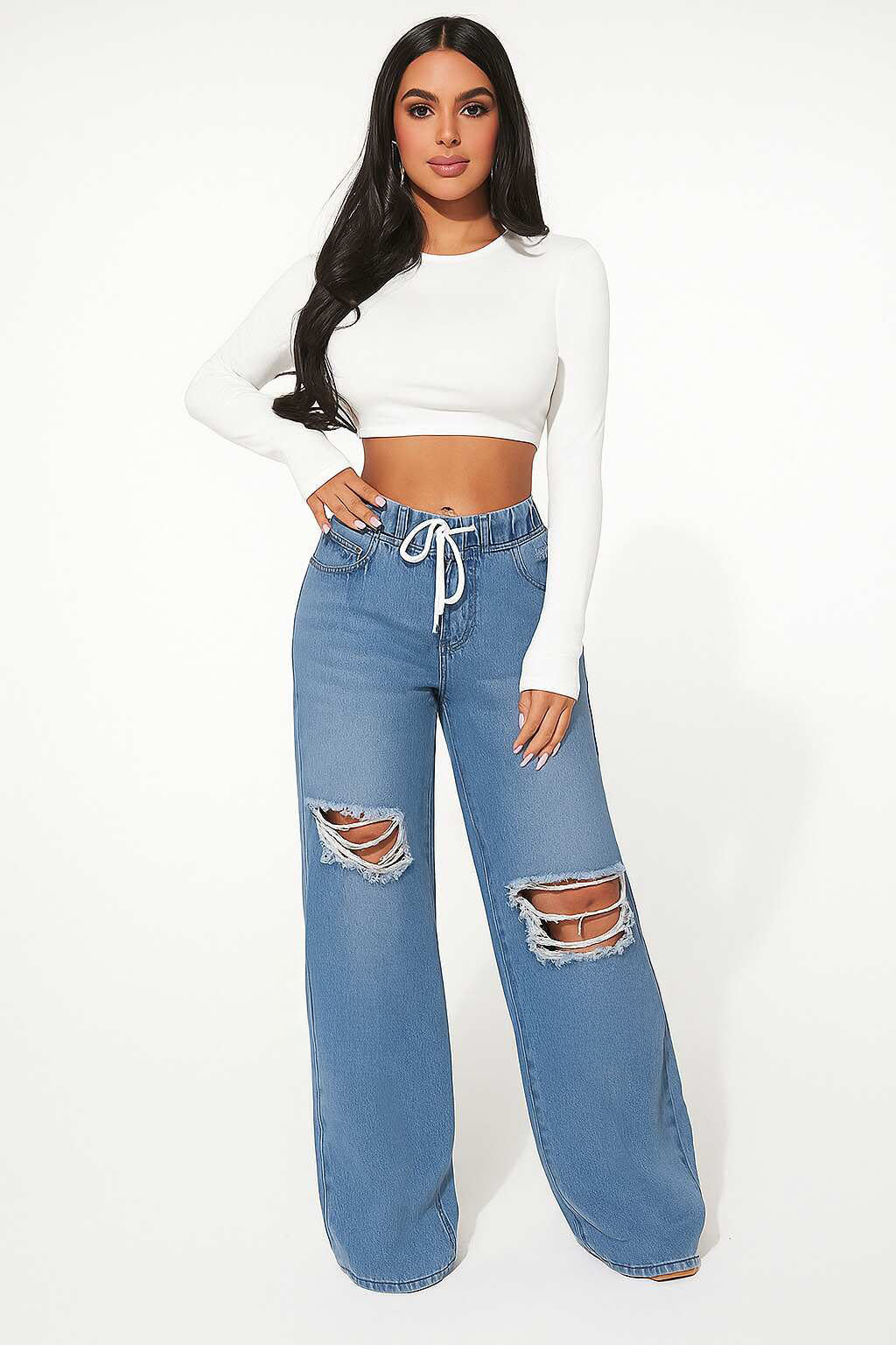 Jeans Boyfriend  Azul Claro con Cordón Mujer Tiro Alto