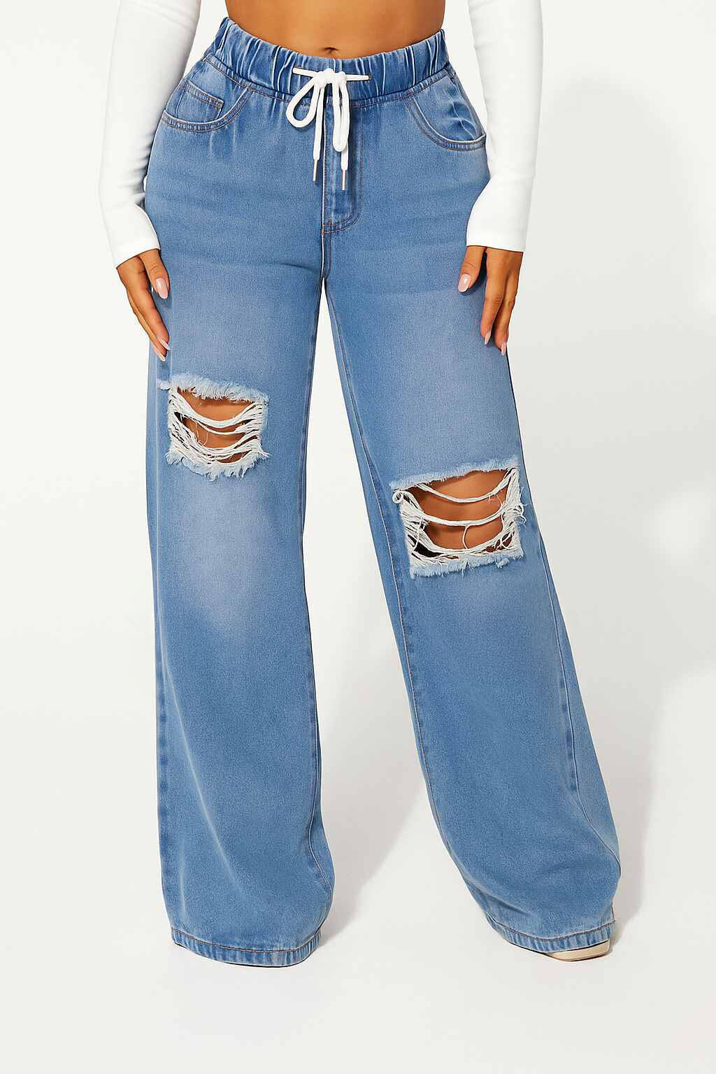 Jeans Boyfriend Azul Claro con Cordón Mujer Tiro Alto