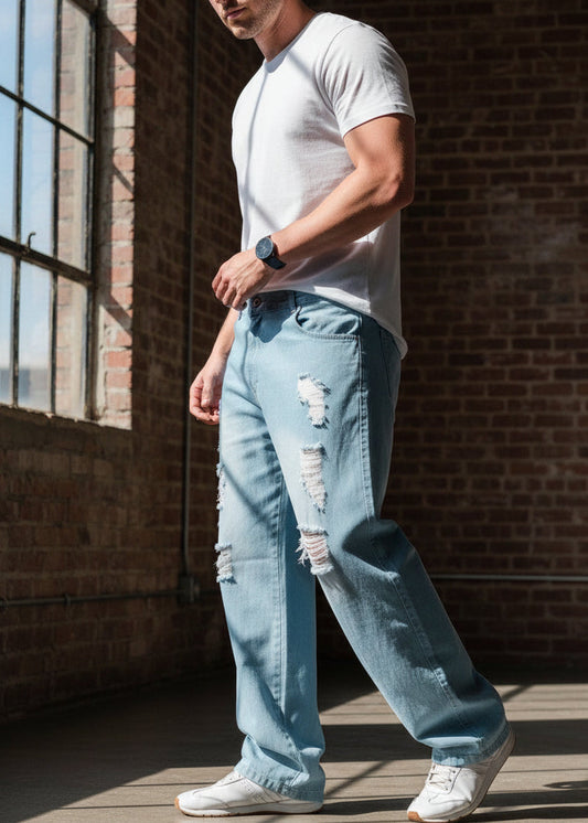 Jeans Boyfriend Azules Cielo Desgastados Rotos para Hombre
