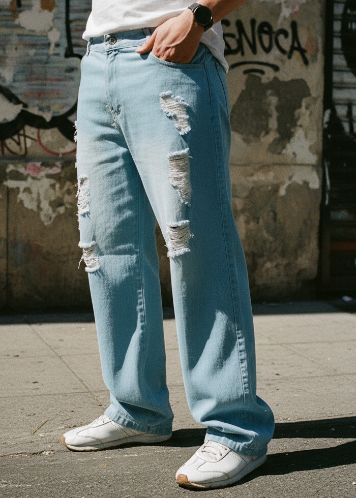 Jeans Boyfriend Azules Cielo Desgastados Rotos para Hombre
